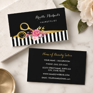 Tarjeta De Visita Tijeras de oro Salón de belleza floral rosa