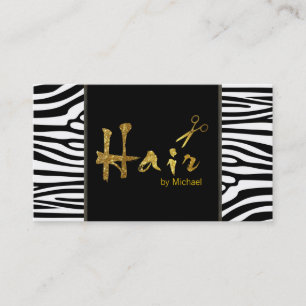 Tarjeta De Visita Tijeras de oro Script Hair Stylist Zebra moderna #