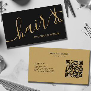 Tarjeta De Visita Tijeras de pelo con código QR de guión de oro negr