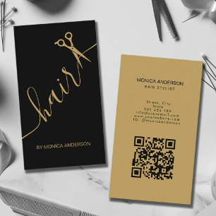 Tarjeta De Visita Tijeras de pelo de oro negro de lujo con código QR