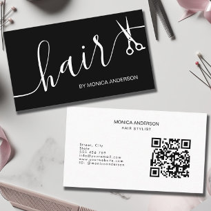 Tarjeta De Visita Tijeras de pelo negro elegante código QR de escrit