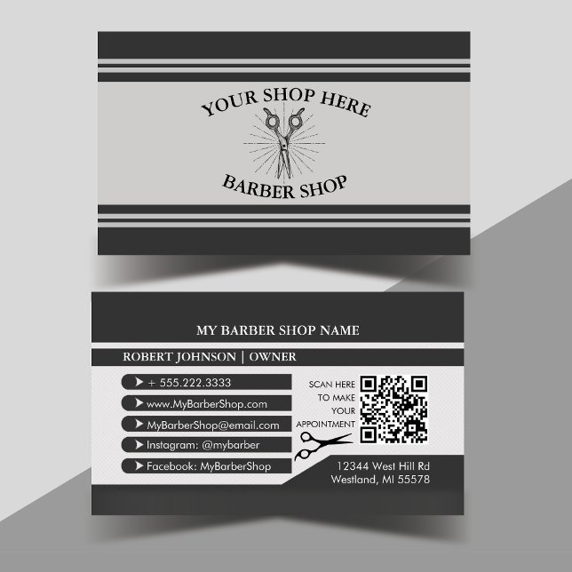 Tarjeta De Visita Tijeras de peluquería negra y gris (Black and Grey Vintage Barber Scissors Modern Professional Business Card)