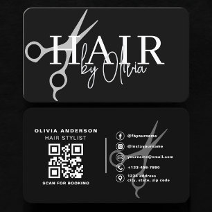 Tarjeta De Visita Tijeras de peluquero código QR negro plateado