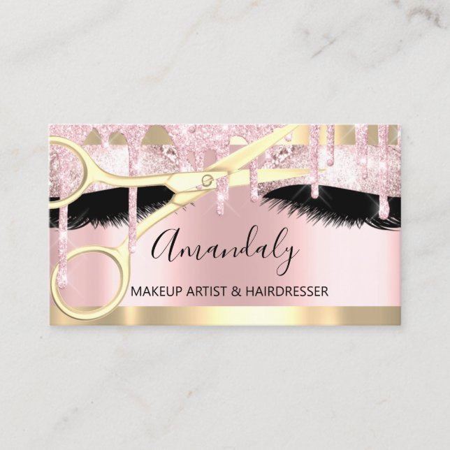 Tarjeta De Visita Tijeras de peluquero maquillan café rosa dorado (Anverso)