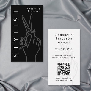 Tarjeta De Visita Tijeras de peluquero moderno código QR negro blanc