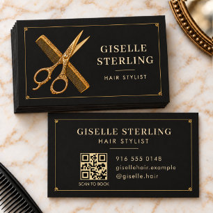 Tarjeta De Visita Tijeras de peluquero Peine Código QR Negro Salón