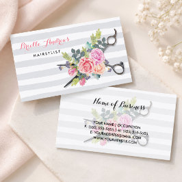Tarjeta De Visita Tijeras de plata chic peluquera rosas