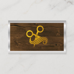 Tarjeta De Visita Tijeras de salón de oro   Metálico de madera