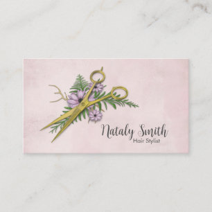 Tarjeta De Visita Tijeras doradas y Ilustracion de flores