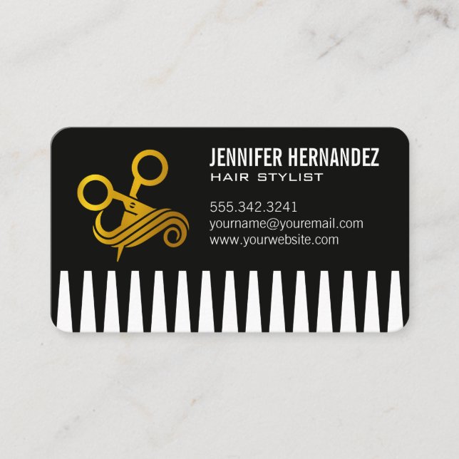 Tarjeta De Visita Tijeras doradas y peine | Hair Stylist (Anverso)