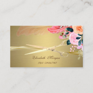 Tarjeta De Visita Tijeras Elegantes, Flores Pluma Falso Oro