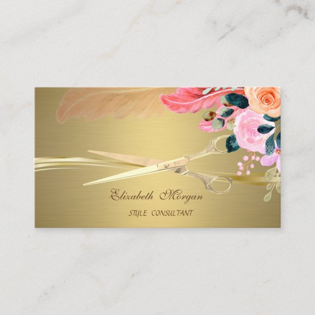 Tarjeta De Visita Tijeras Elegantes, Flores Pluma Falso Oro (Anverso)