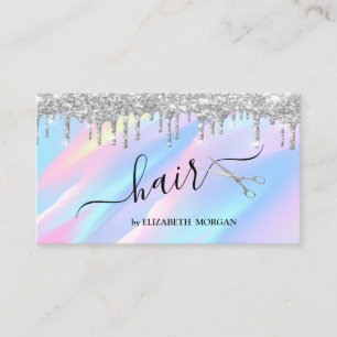 Tarjeta De Visita Tijeras Elegantes Plateadas con Brillo Holográfico
