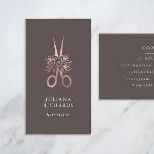 Tarjeta De Visita Tijeras Elegantes Rose Gold Estilista de Pelo Nego