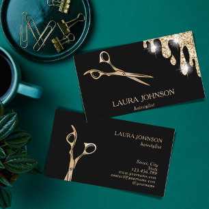 Tarjeta De Visita Tijeras estilistas de Purpurina de oro de pelo est