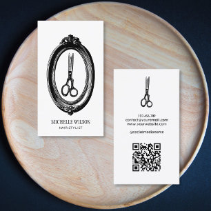 Tarjeta De Visita Tijeras estilistas del pelo del código QR vintage