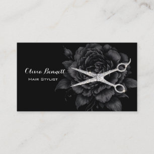 Tarjeta De Visita Tijeras florales negras de peluquero elegante