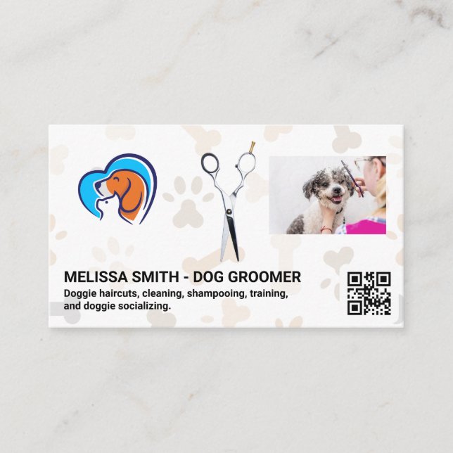 Tarjeta De Visita Tijeras | Gato Perro Amor | Groomer | Código QR (Anverso)