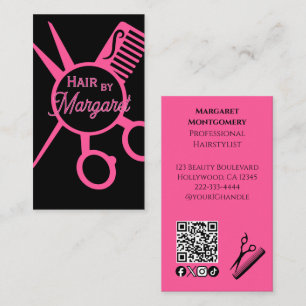 Tarjeta De Visita Tijeras Minimalistas Código QR Rosa Negro Salón de