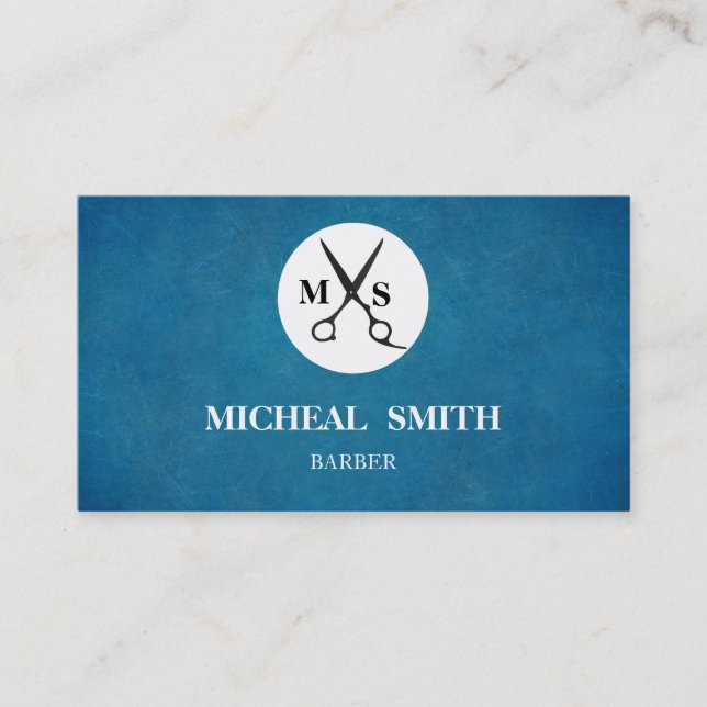 Tarjeta De Visita Tijeras simples de monograma de barbería retro de  (Anverso)