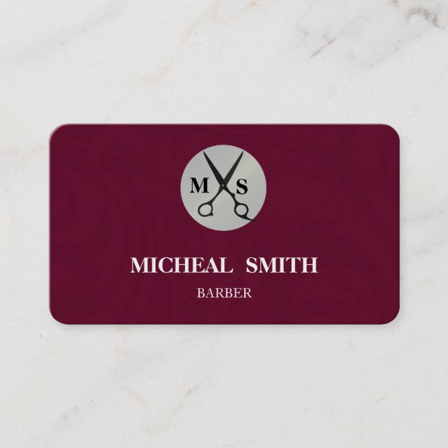Tarjeta De Visita Tijeras simples de monograma de barbería retro de  (Anverso)