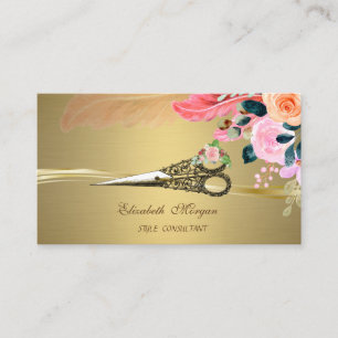 Tarjeta De Visita Tijeras Vintage Flores Pluma Falso Oro