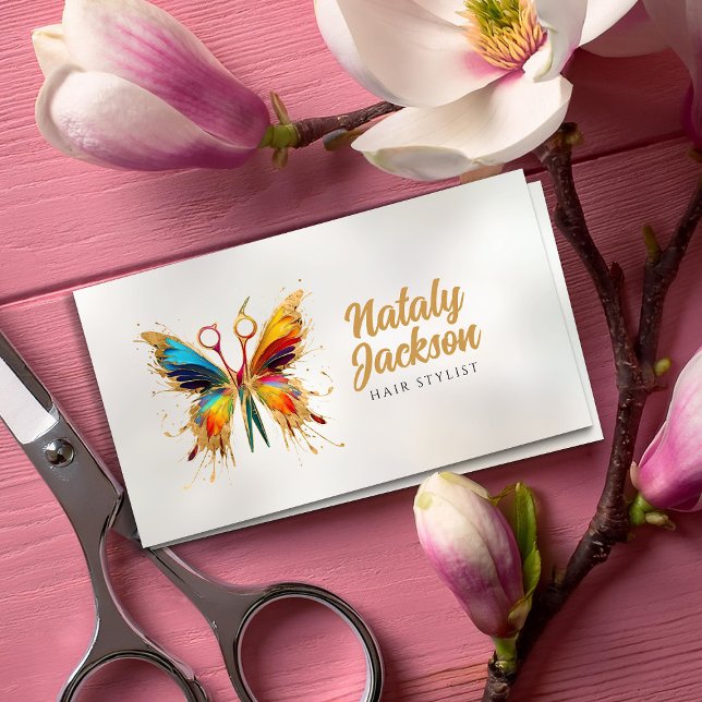 Tarjeta De Visita Tijeras y acuarela de mariposa y oro (Subido por el creador)