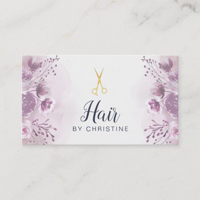 Tarjeta De Visita tijeras y decoración floral púrpura (Anverso)