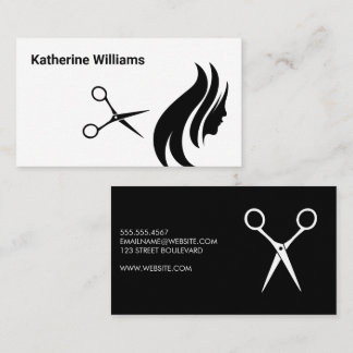 Tarjeta De Visita Tijeras y logotipo del pelo | Blanco negro simple