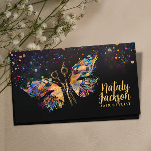 Tarjeta De Visita Tijeras y Mariposa - dorado y salpicaduras de colo