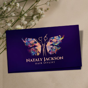 Tarjeta De Visita Tijeras y Rosa de mariposa oro y color
