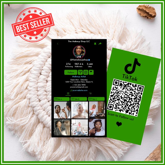 Tarjeta De Visita TikTok Personalizado Código QR verde medios social (Subido por el creador)
