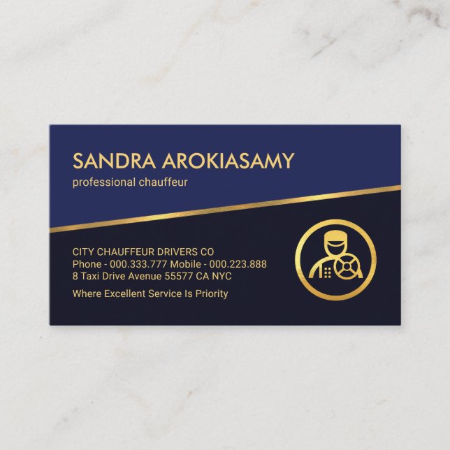 Tarjeta De Visita Tillado Línea de oro Azul Shades Chauffeur (Anverso)