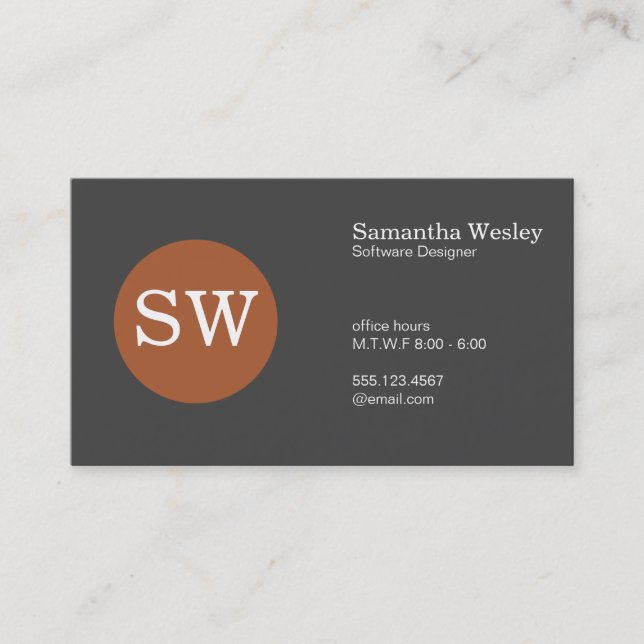 Tarjeta De Visita Tipo Serif Monograma Naranja Quemado Círculo Gris  (Anverso)