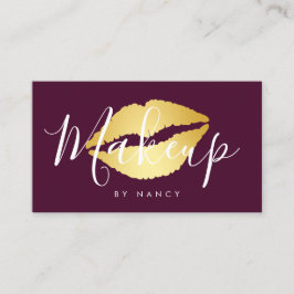 Tarjeta De Visita Tipografía de maquillaje Borgoña Y Labios De Oro