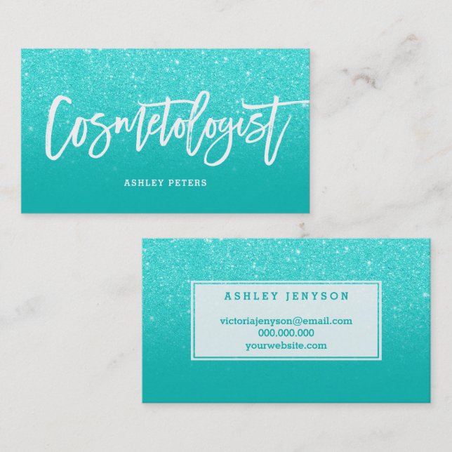 Tarjeta De Visita Tipografía elegante cometóloga faux aqua purpurina (Anverso / Reverso)