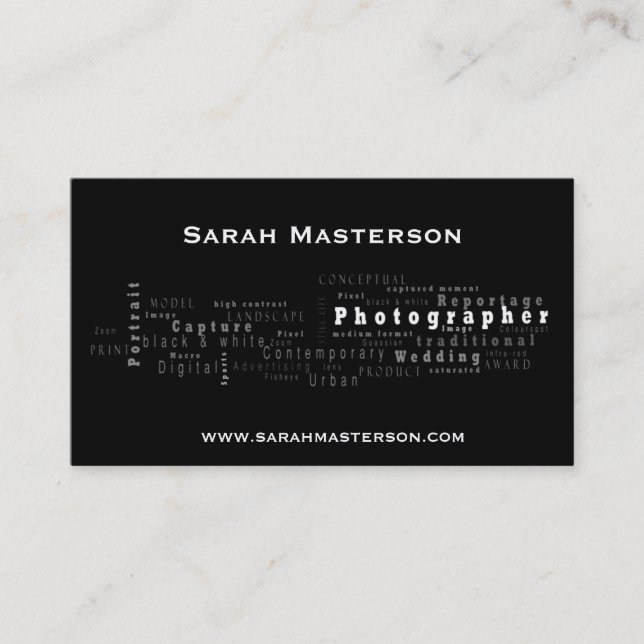 Tarjeta de visita tipográfica negra del fotógrafo (Anverso)
