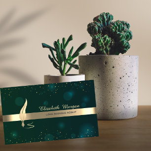 Tarjeta De Visita Tira de pluma dorada Champán Notaría Verde