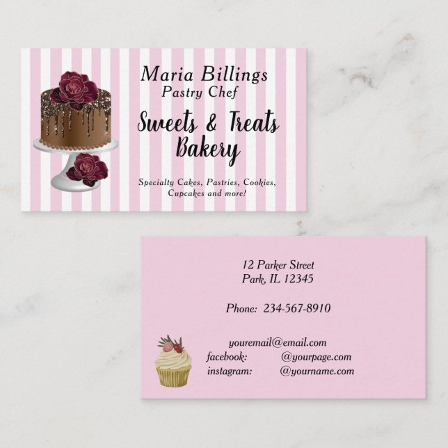 Tarjeta De Visita Tiras blancas rosas y pastelería de pasteles de Go (Anverso / Reverso)