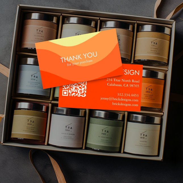 Tarjeta De Visita Tiras de curva Retro Orden Mínimo Moderno Gracias (Red orange yellow stripes thank you business cards with custom QR code)