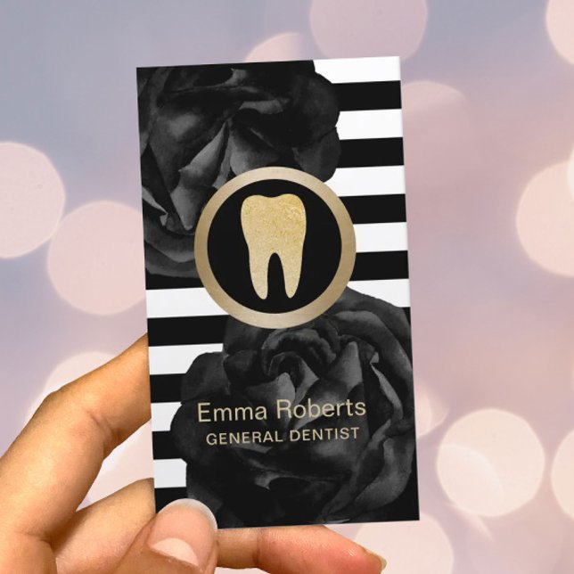 Tarjeta De Visita Tiras modernas de dentista Black Floral Dental Car (Subido por el creador)