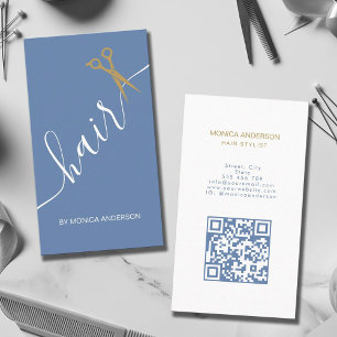 Tarjeta De Visita Título: Código QR de Tijeras de Cabello Dorado Azu