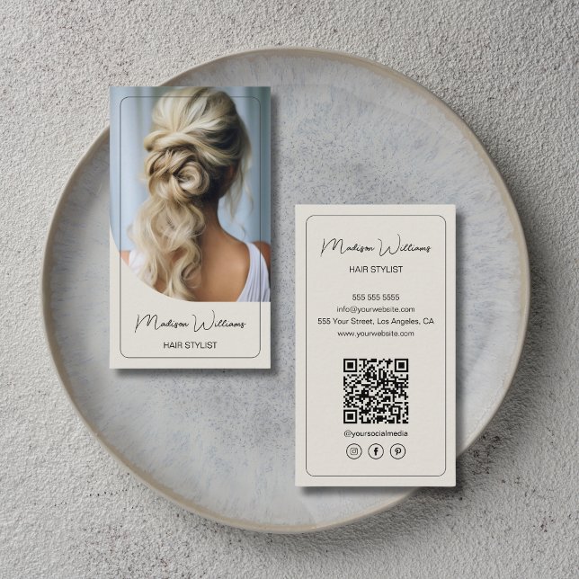 Tarjeta De Visita Tono neutro de foto moderna con estilo de pelo (Custom Hair Stylist Business Card)