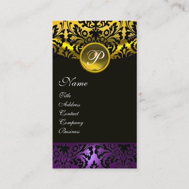 Tarjeta De Visita TOPAZ AMARILLO NEGRO PURPLE DAMASK MONOGRAM , dora (Anverso)