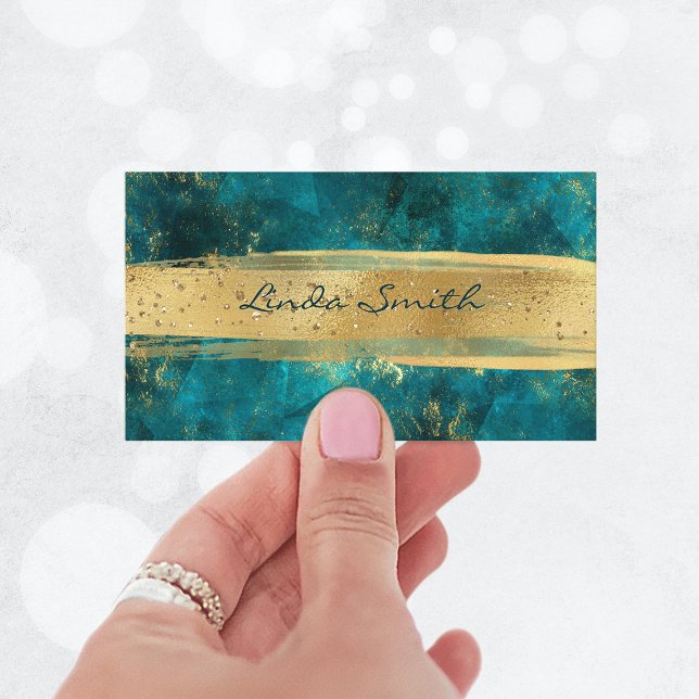 Tarjeta De Visita Tornillo de oro de Purpurina de piedra Verde azula (Turquoise Teal Stone Glitter Gold Brush Strokes Business Card)