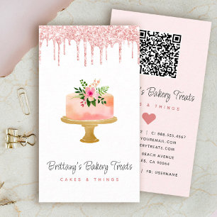 Tarjeta De Visita Torta de código QR Rubor Rosa Brillo Gotear Pastel