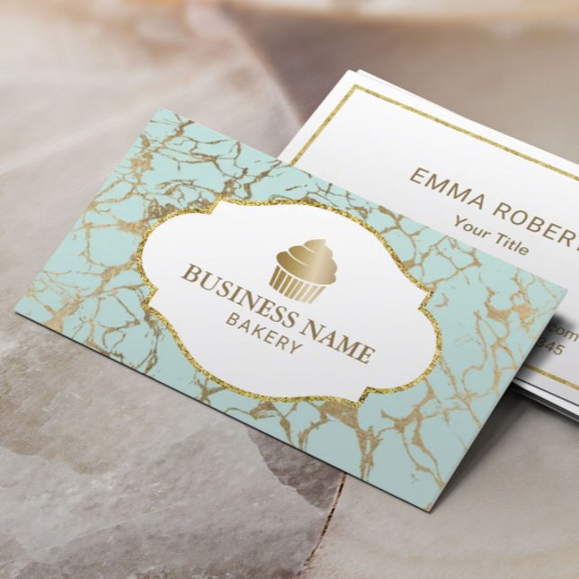 Tarjeta De Visita Torta dorada Panadería Mint & Gold Marble (Subido por el creador)