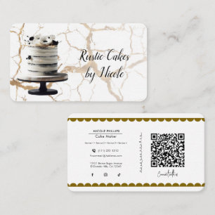 Tarjeta De Visita Torta Rústica Mármol Blanco y Negro QR Redes Socia
