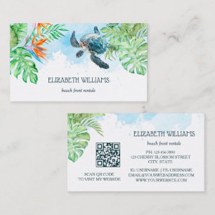 Tarjeta De Visita Tortuga Acuarela Hojas Tropicales