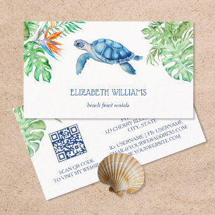 Tarjeta De Visita Tortuga Acuarela Hojas Tropicales